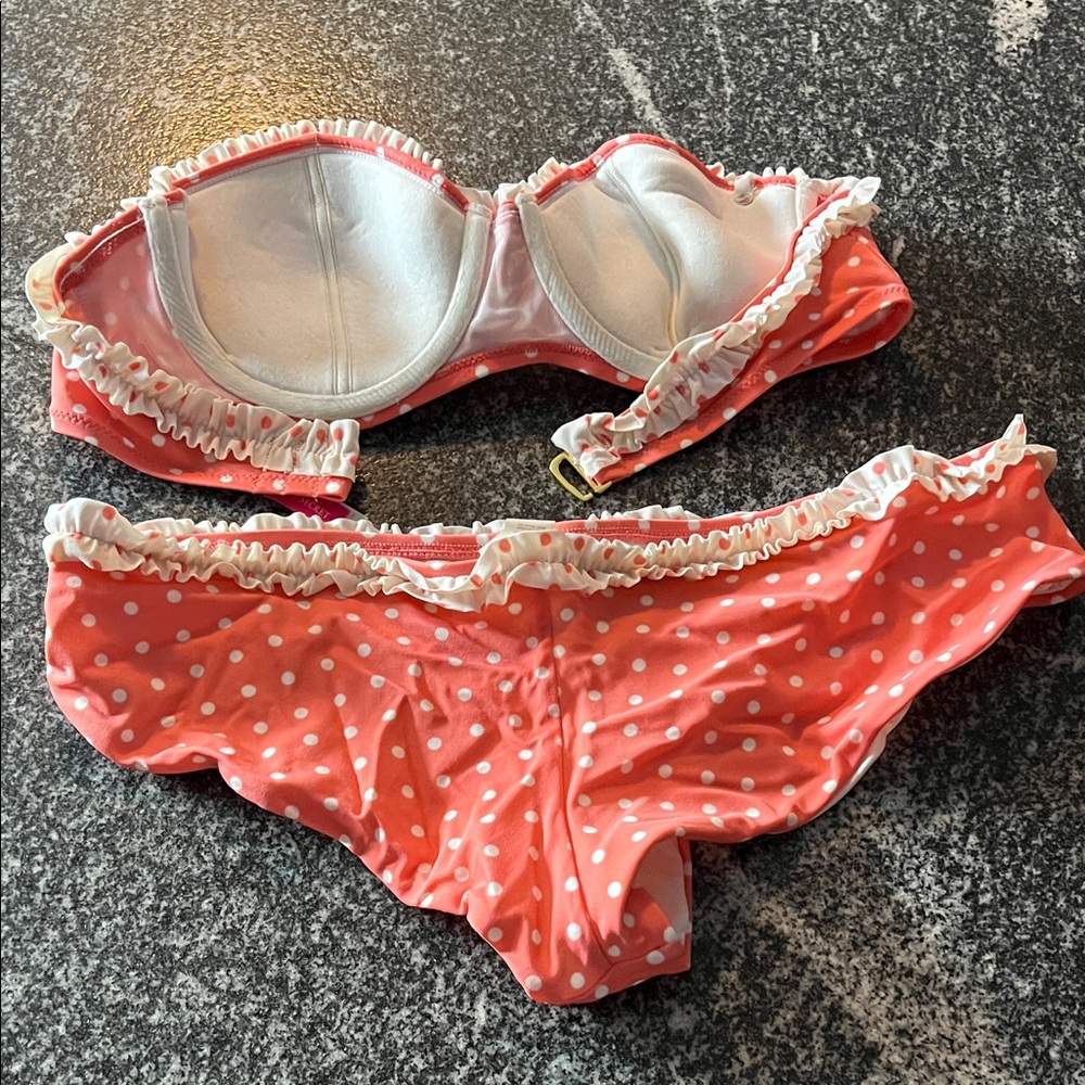 Polka Dot Ruffled Bikini Set - Coral - Picture 2 of 2